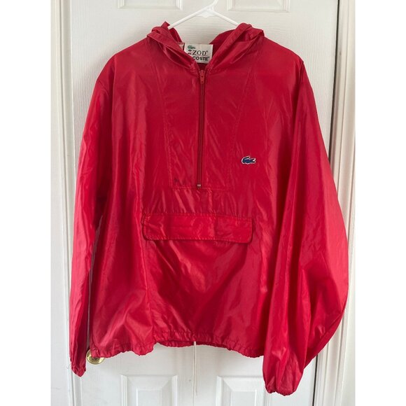 Vtg IZOD LACOSTA Red Half Zip Windbreaker Jacket With Hood Front Pocket Nylon L